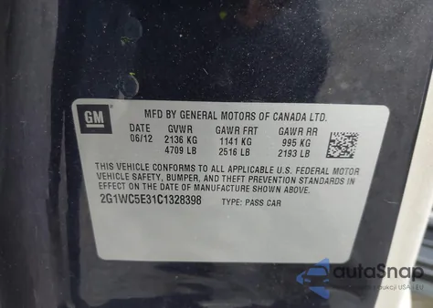 2012 Chevrolet Impala Ltz из США, поврежденный, VIN 2G1WC5E31C1328398